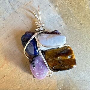 Collage Pendant Handmade Multicolor Stone Pendant with Silver Wire Wrap